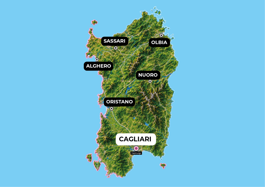 Cartina della Sardegna - copertura stampa DTF Cagliari